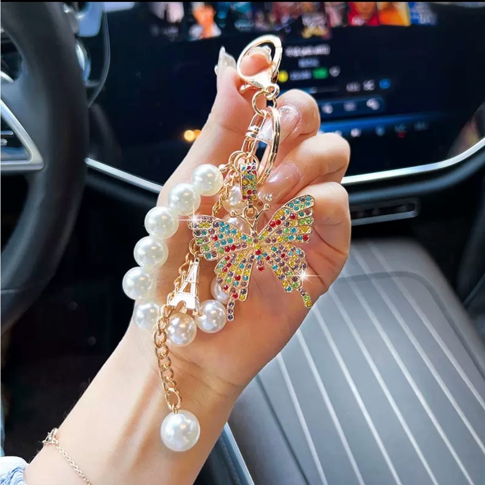 Gold Multicolor Crystal Butterfly Keychain with Pearl Beads